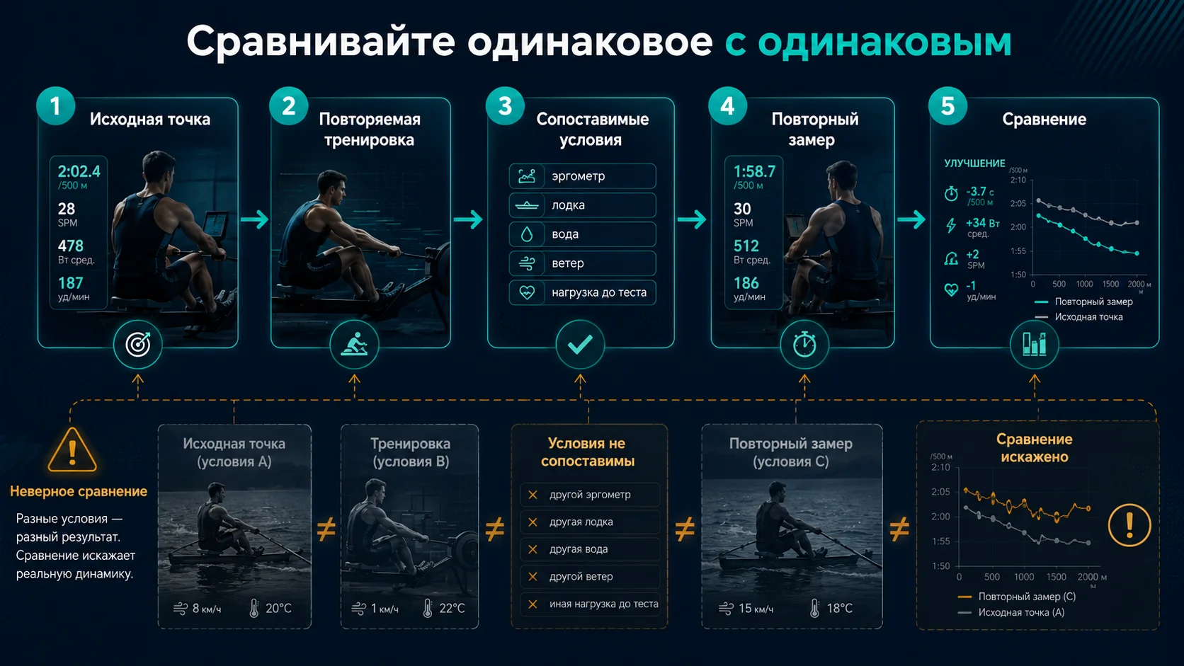 Как сравнивать контрольные тренировки в гребле: исходный уровень, одинаковые условия и повторный замер